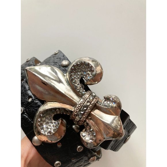 LEATHEROCK USA Black Croc Studded Rhinestone Fleur De Lis Hip Belt, Size L36 - Picture 3 of 13